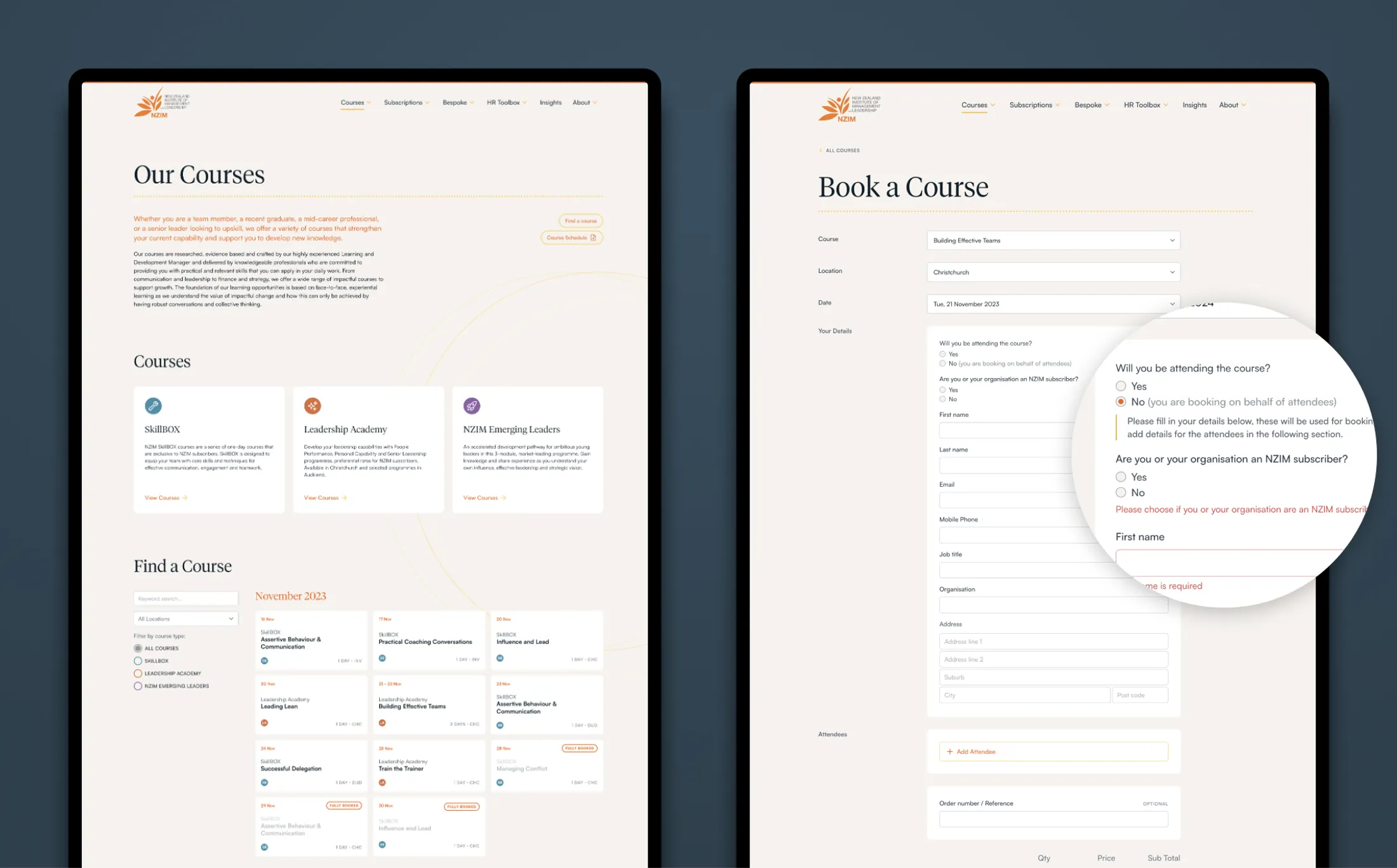 NZIM Website course schedule and booking process