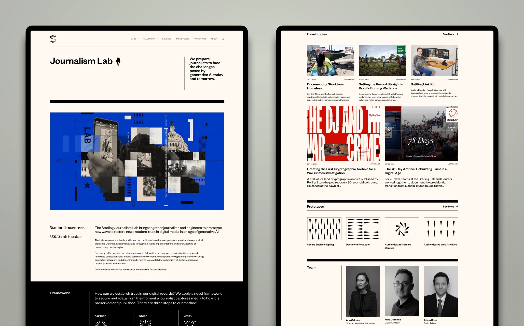 Journalism Lab landing page and the case study archive