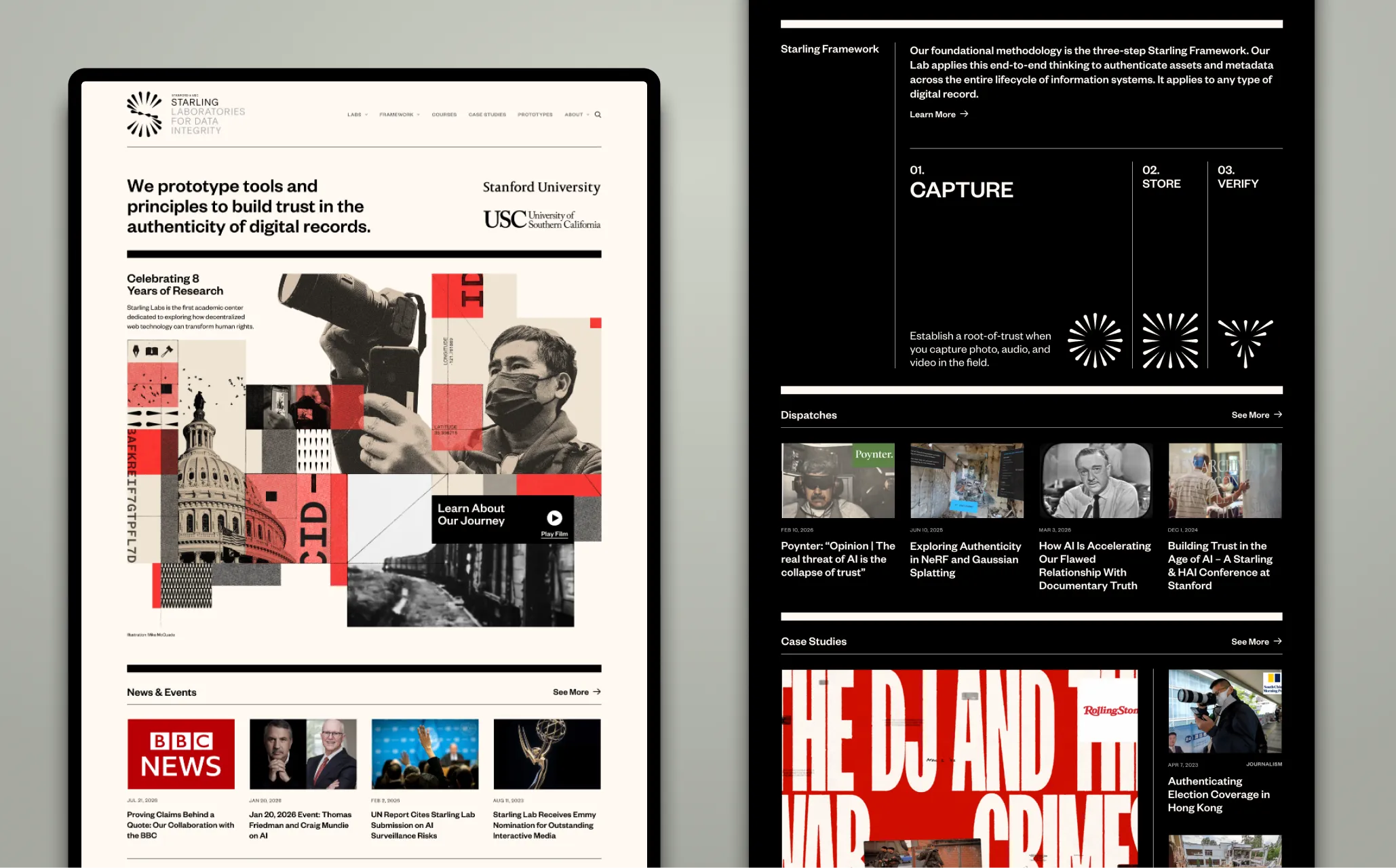 Starling Lab homepage and framework overview on two devices